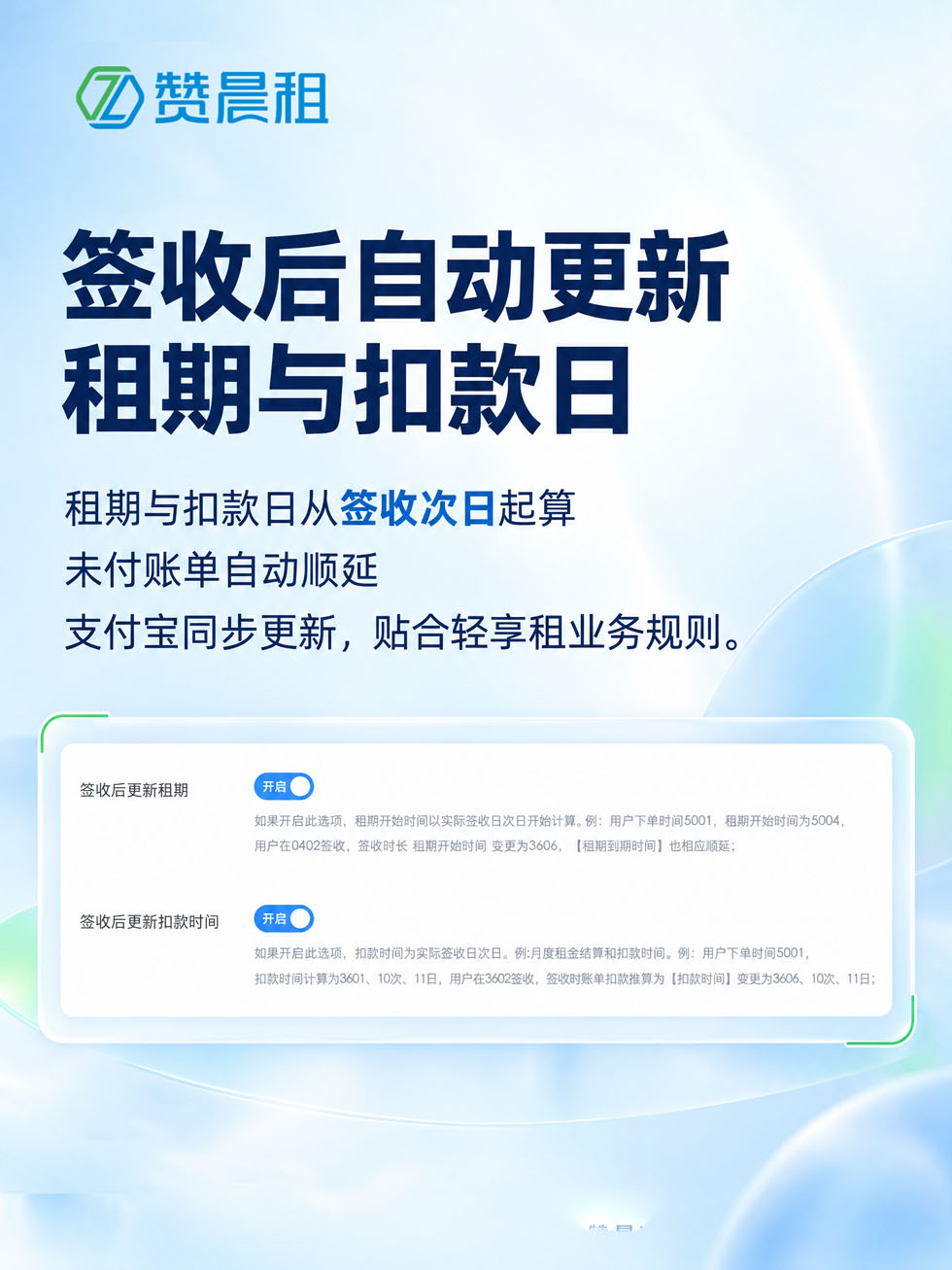 签收后自动更新租期与扣款日